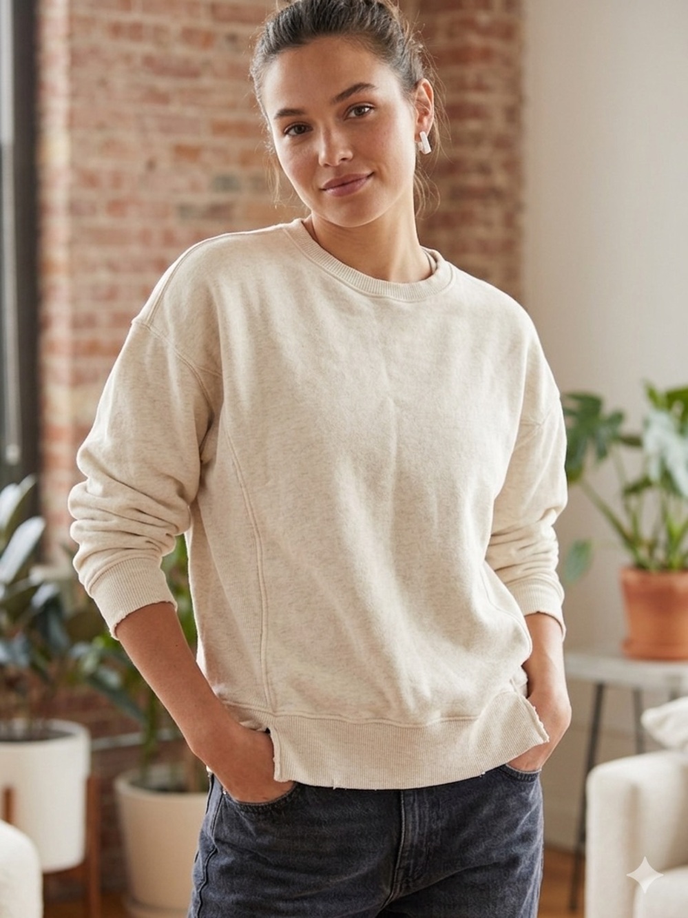 aerie Cream Crewneck Pullover Sweatshirt